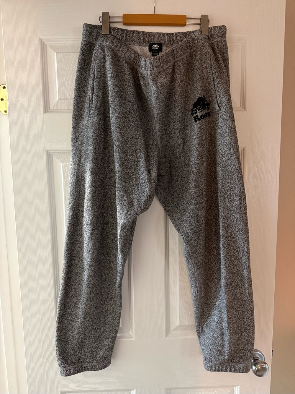 Roots $88 Organic Heritage Sweatpant Heather Grey/Black Logo XL